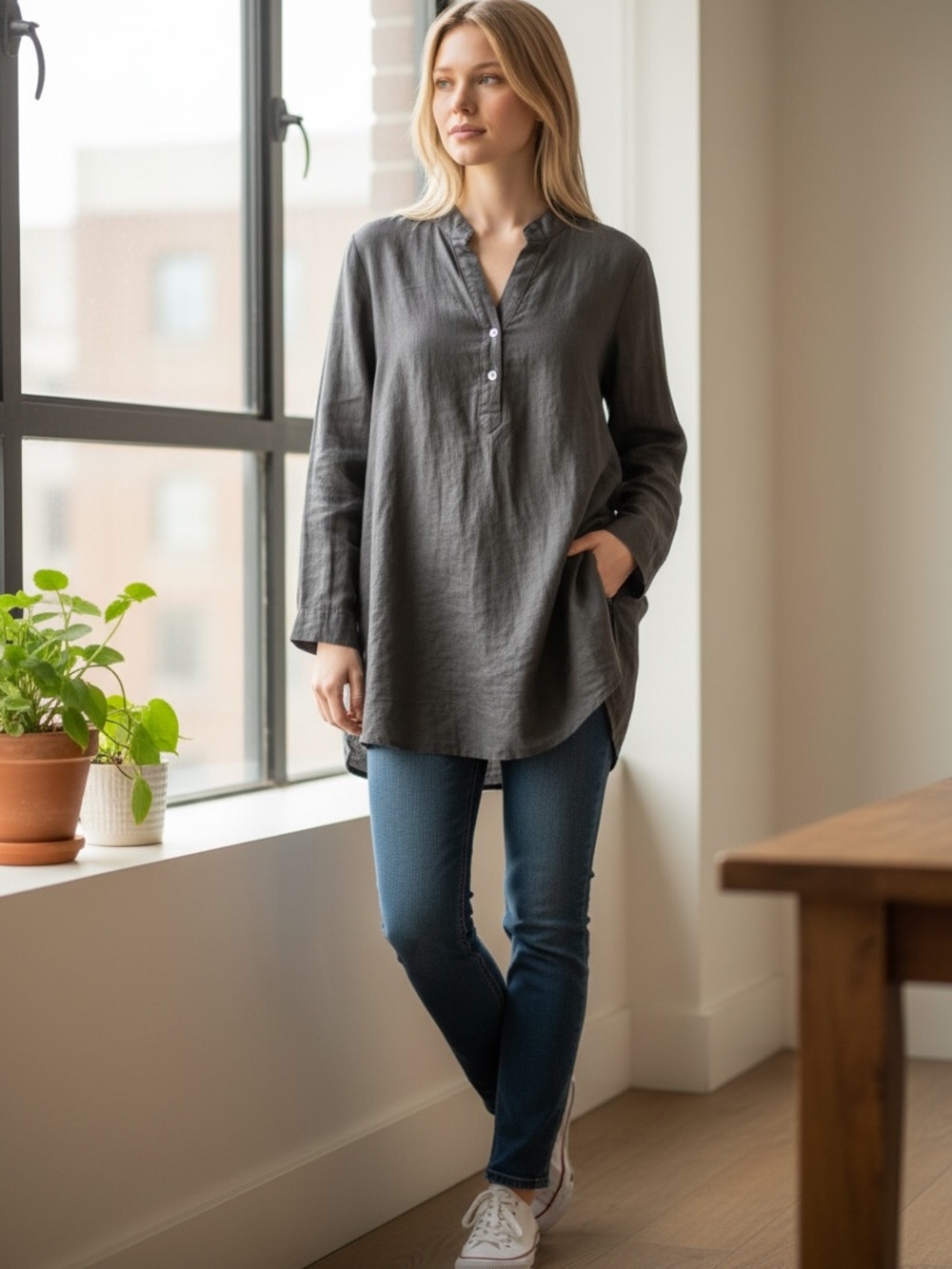 Tuckernuck Charcoal Linen Button-Placket Tunic Women’s Small